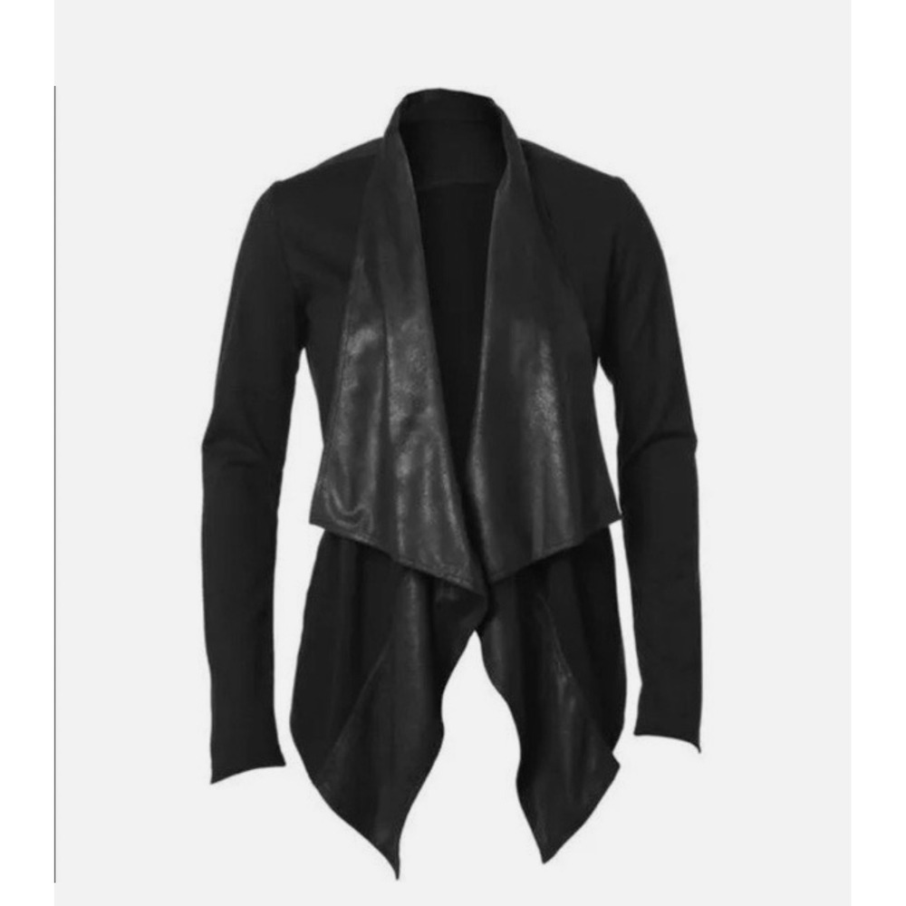 Cabi Black Faux Leather Trim Drape Front Cardigan Open Jacket Pockets Womens S